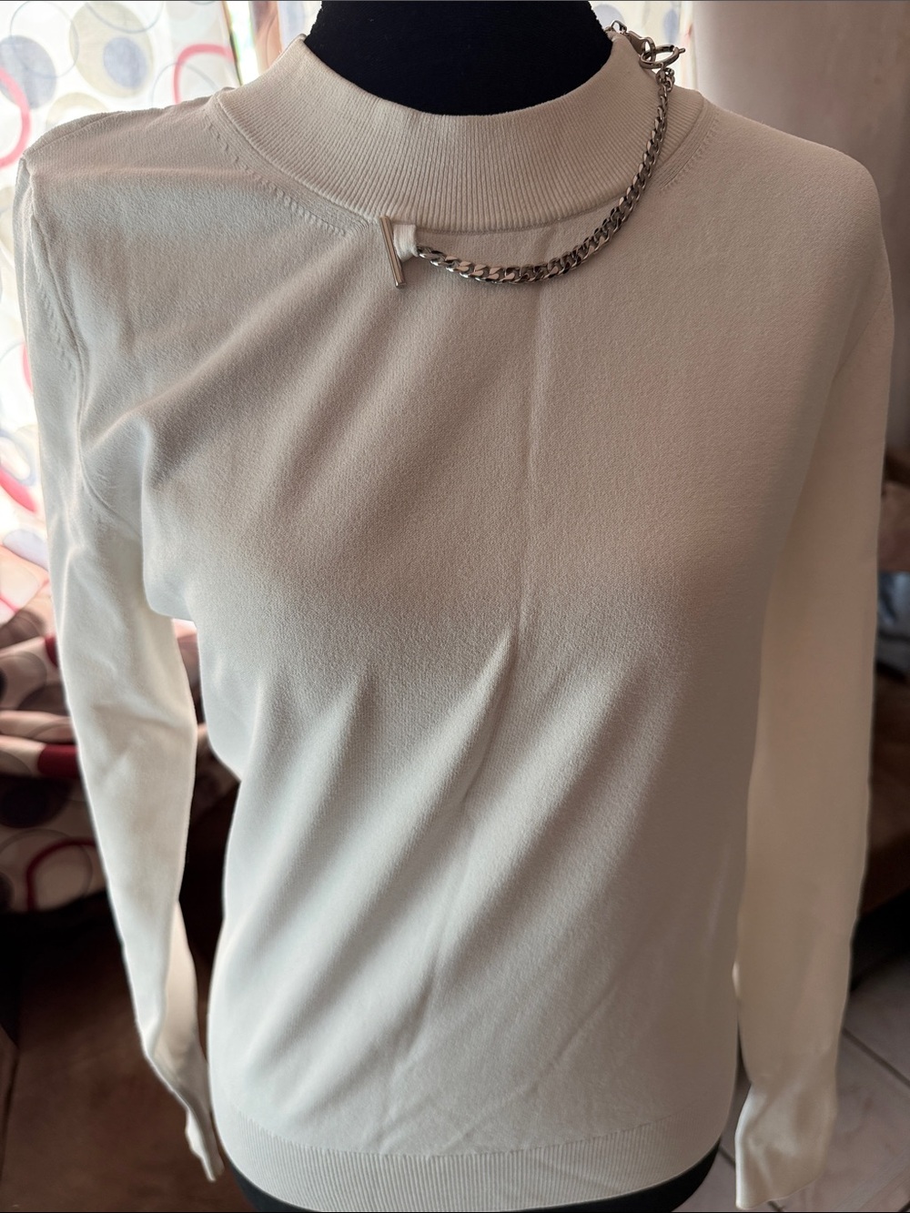 Louis Vuitton Cream Mock Neck Long Sleeve Top with Silver Chain Accent